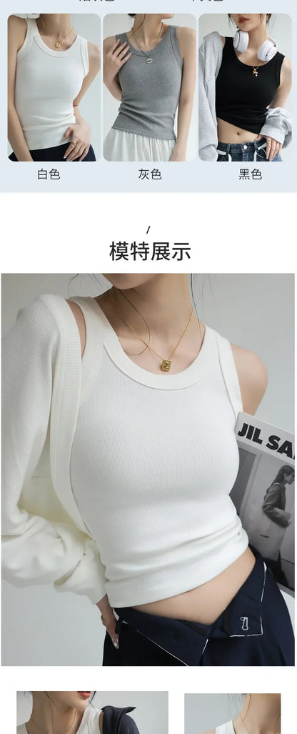 New Women Solid Round Neck Ribbed Tank Top Camisole Women Summer Basic Elastic TankTop One-piece Vest with Chest Pad Y2k